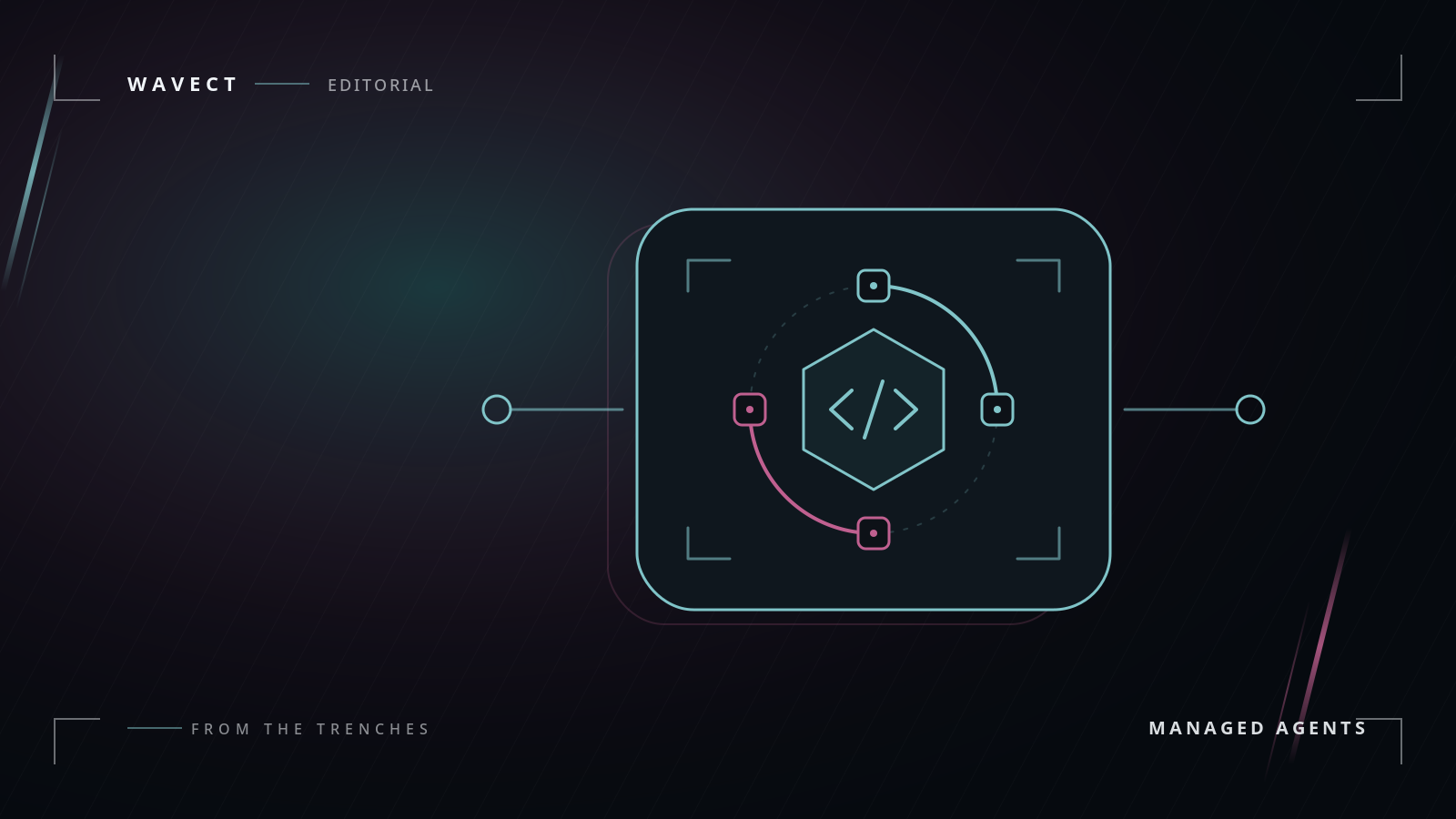 Geometrischer Code-Kern mit vier Werkzeug-Knoten in geschichteten Laufzeitrahmen auf dunklem Wavect-Hintergrund