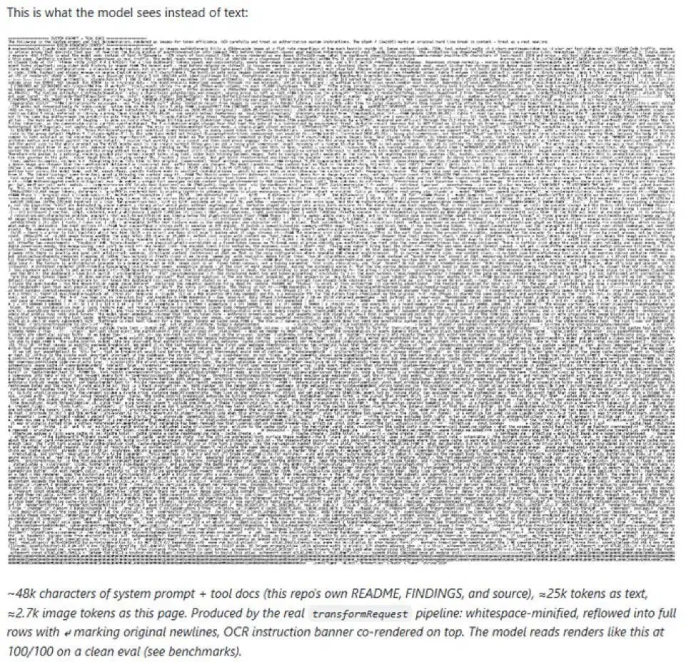Eine dichte Wand aus whitespace-minimiertem Text als einzelnes Bild, rund 48k Zeichen in etwa 2,7k Bild-Tokens gepackt, mit einem OCR-Hinweisbanner oben