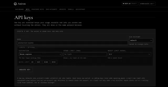 Lokale Demo mit Beispieldaten: API-Schlüssel-Einstellungen und Ausgabenlimits. Lokale Demo mit Beispieldaten: API-Schlüssel-Einstellungen und Ausgabenlimits.
