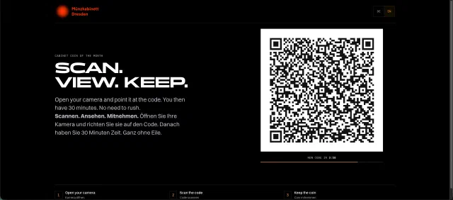 Pantalla del museo con la edición de Cabinet Coin y un código QR presencial caducado Pantalla del museo con la edición de Cabinet Coin y un código QR presencial caducado