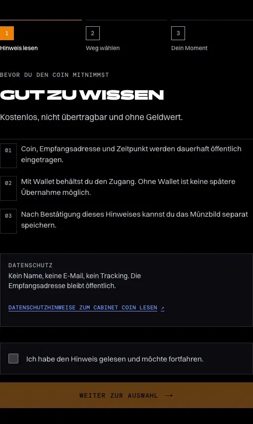 Cabinet Coin Besucherhinweis zu Datenschutz und dauerhaft öffentlichem Nachweis