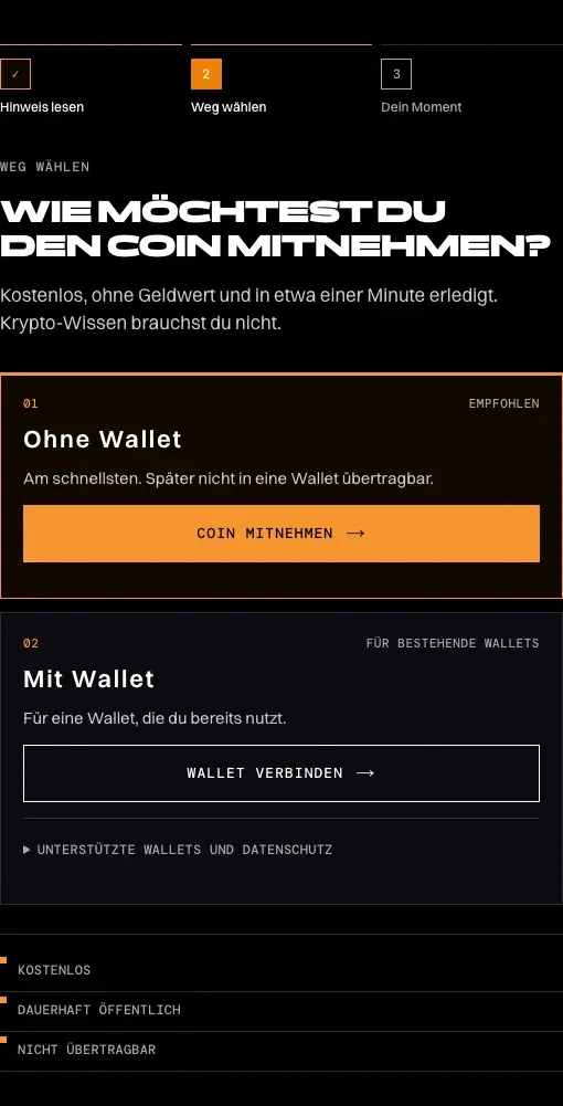 Cabinet Coin Auswahl zwischen Mitnehmen ohne Wallet und Verbinden einer bestehenden Wallet