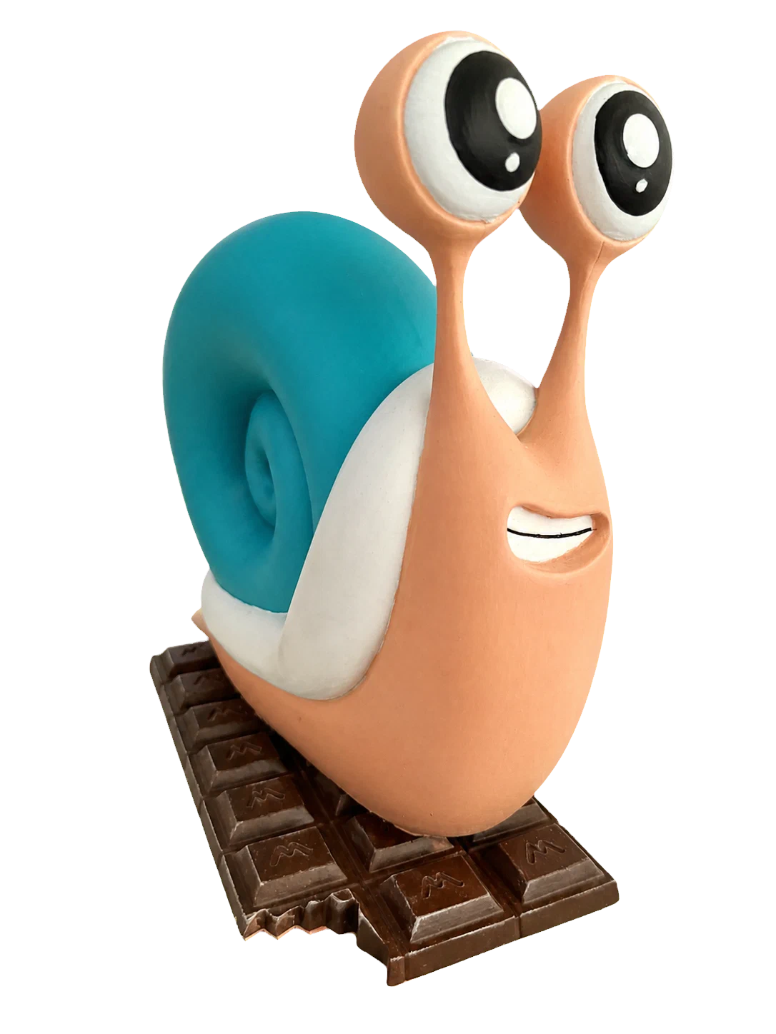 Bemalter 3D-Druck von Ernesto auf einem Sockel in Form einer Schokoladentafel