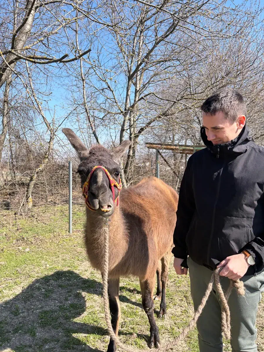 Christof Jori geht draußen neben einem Esel Christof Jori geht draußen neben einem Esel